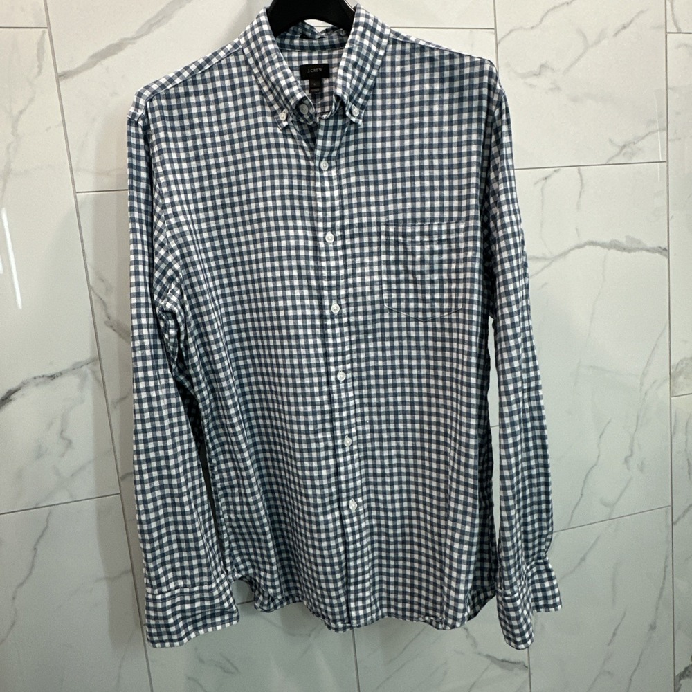 J.CREW Men's Sz Large Long Sleeve Cotton Shirt Button Down, Plaid, Blue/White